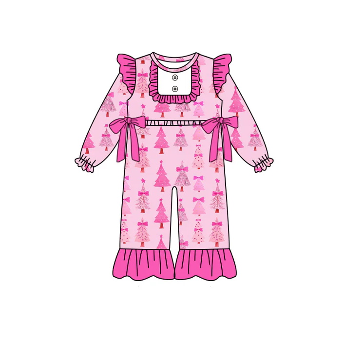 8.12 Preorder(moq 5)Baby Girls Christmas Pink Trees Bows Rompers