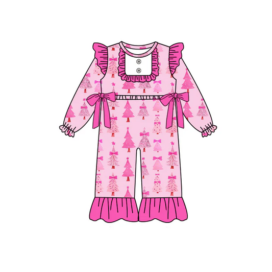 8.12 Preorder(moq 5)Baby Girls Christmas Pink Trees Bows Rompers