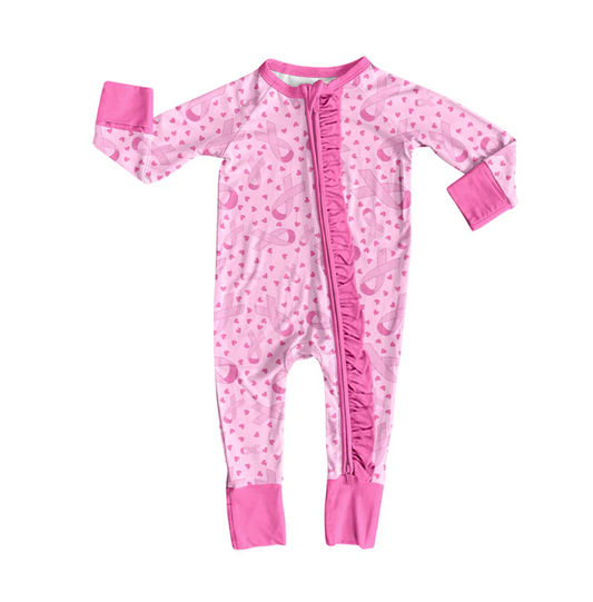 8.12 Preorder(moq 5)Baby Girls Wear Pink In Oct Bows Zipper Footie Rompers