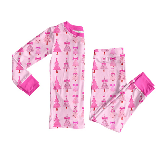8.12 Preorder(moq 5) Baby Girls Christmas Pink Trees Top Pants Lounge Wear Pajamas Sets