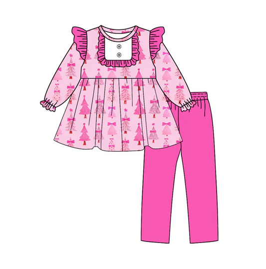 8.12 Preorder(moq 5) Baby Girls Christmas Pink Trees Tunic Top Legging Outfits Clothes Sets