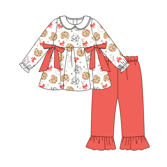 8.12 Preorder(moq 5) Baby Girls Christmas Cookie Milk Bows Tunic Top Pants Clothes Sets
