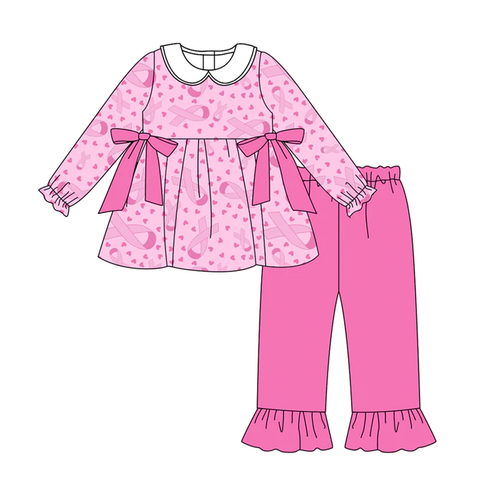 8.12 Preorder(moq 5) Baby Girls Wear Pink In Oct Bows Tunic Top Pants Clothes Sets