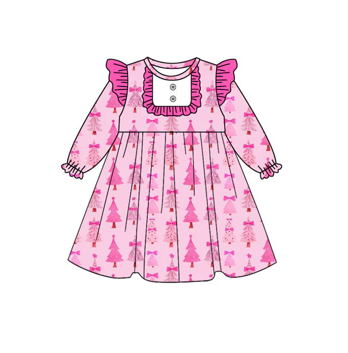 8.12 Preorder (moq 5)Baby Girls Christmas Pink Trees Knee Length Dresses