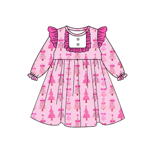 8.12 Preorder (moq 5)Baby Girls Christmas Pink Trees Knee Length Dresses