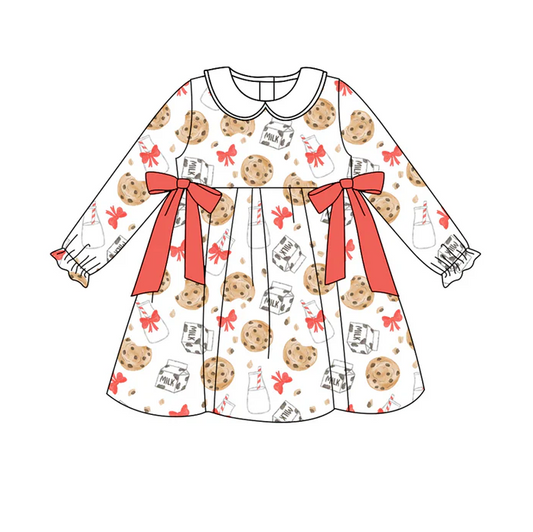 8.12 Preorder (moq 5)Baby Girls Christmas Cookie Milk Bows Bows Knee Length Dresses