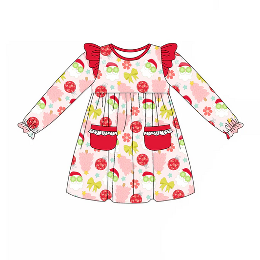 8.12 Preorder (moq 5)Baby Girls Christmas Tree Santa Disco Pockets Ruffle Knee Length Dresses