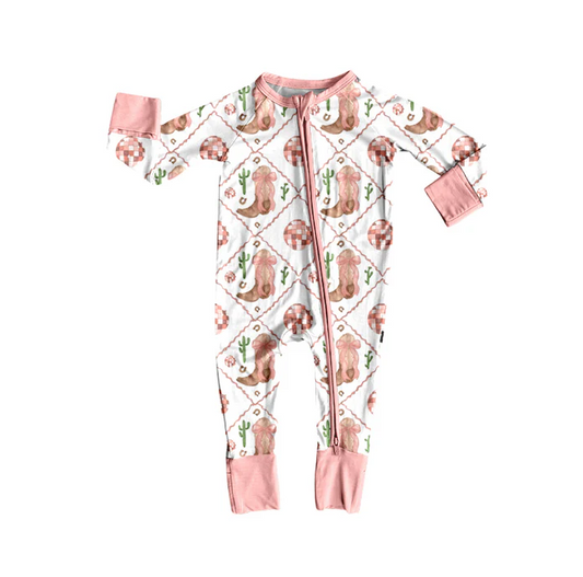 8.12 Preorder(moq 5)Baby Girls Western Boots Pink Zipper Footie Rompers