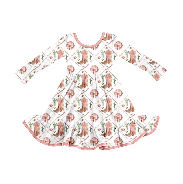 8.12 Preorder (moq 5)Baby Girls Western Boots Pink Ruffle Knee Length Dresses