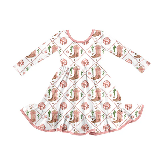 8.12 Preorder (moq 5)Baby Girls Western Boots Pink Ruffle Knee Length Dresses