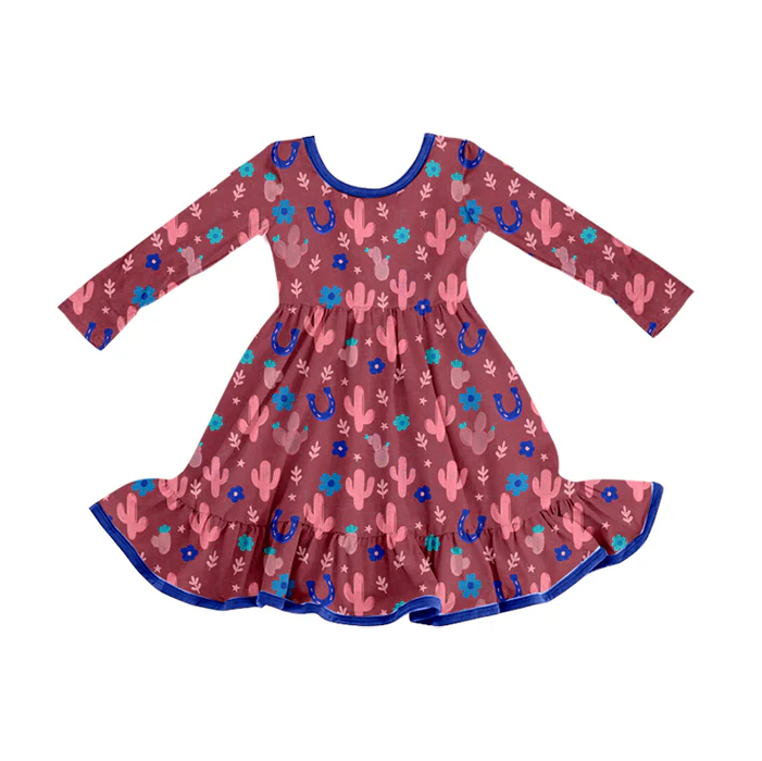 8.12 Preorder (moq 5)Baby Girls Western Cactus Ruffle Knee Length Dresses