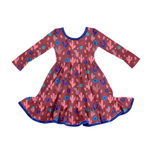 8.12 Preorder (moq 5)Baby Girls Western Cactus Ruffle Knee Length Dresses