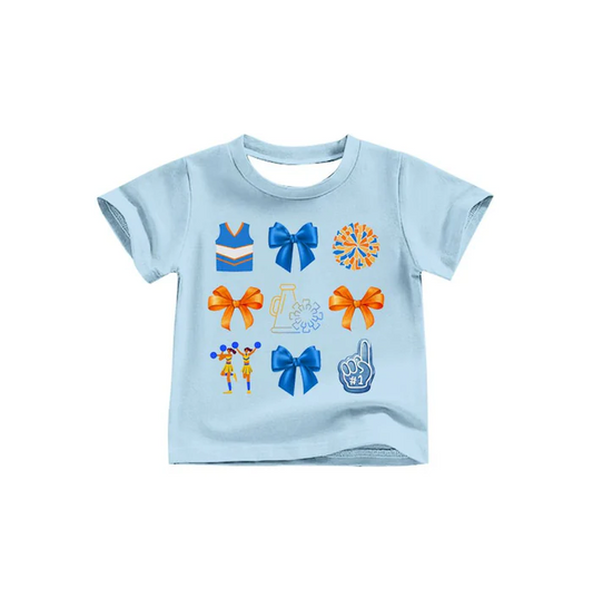 8.13 Preorder (moq 5)Baby Girls Blue Bows Cheer Team Short Sleeve Tee Shirts Tops