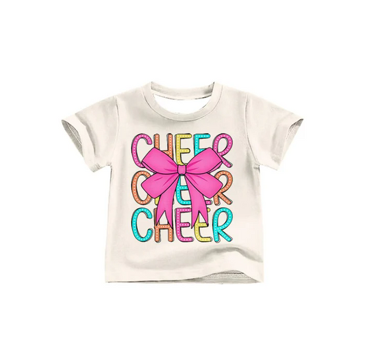 8.13 Preorder (moq 5)Baby Girls Pink Colorful Bow Cheer Team Short Sleeve Tee Shirts Tops