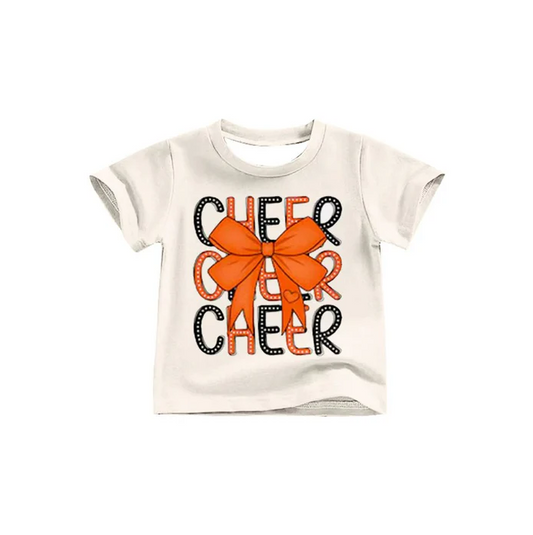 8.13 Preorder (moq 5)Baby Girls Orange Black Bow Cheer Team Short Sleeve Tee Shirts Tops