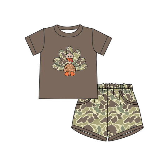 8.13 Preorder(moq 5) Baby Boys Brown Thanksgiving Turky camo Top Shorts Outfits Sets