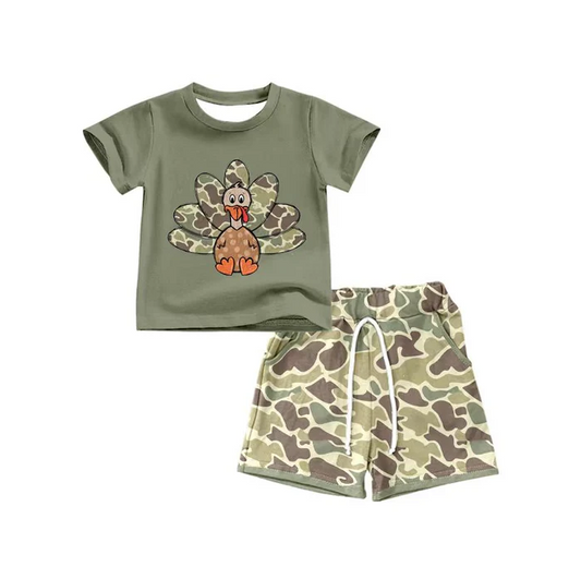 8.13 Preorder(moq 5) Baby Boys Green Thanksgiving Turky camo Top Shorts Outfits Sets