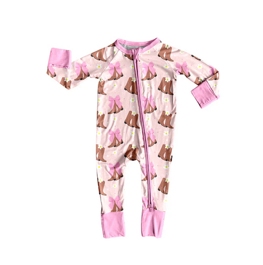 8.12 Preorder(moq 5)Baby Girls Western Boots Bows Zipper Footie Rompers