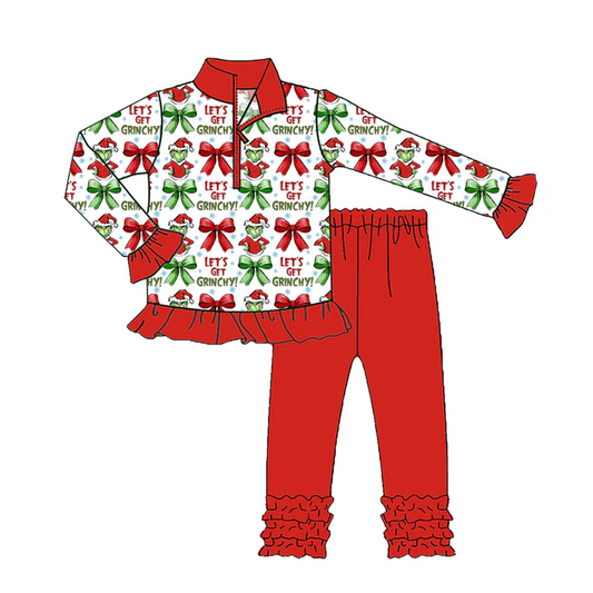 8.13 Preorder(moq 5) Baby Girls Christmas Let's Go Frog Zip Pullover Top Legging Boutique Outfits Sets