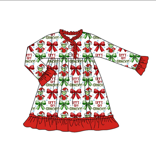 8.13 Preorder (moq 5)Baby Girls Christmas Let's Go Frog Ruffle Gown Knee Length Dresses