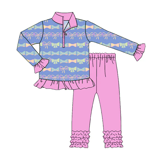 8.13 Preorder(moq 5) Baby Girls Pink Colorful Bows Zip Pullover Top Legging Boutique Outfits Sets