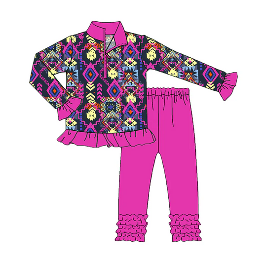 8.13 Preorder(moq 5) Baby Girls Aztec Western Zip Pullover Top Legging Boutique Outfits Sets