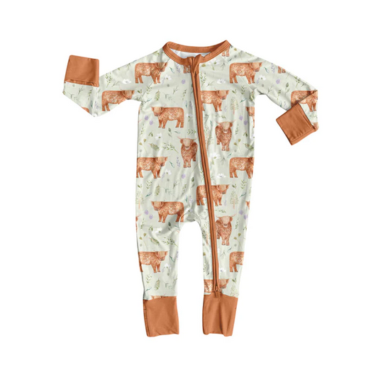 8.12 Preorder(moq 5)Baby Boys Western Cows Zipper Footie Rompers