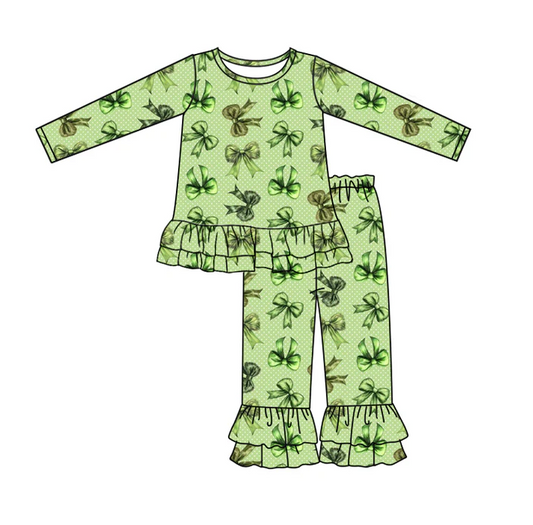 8.13 Preorder(moq 5) Baby Girls Green Checkered Face Bows Christmas Top Ruffle Pants Clothes Sets