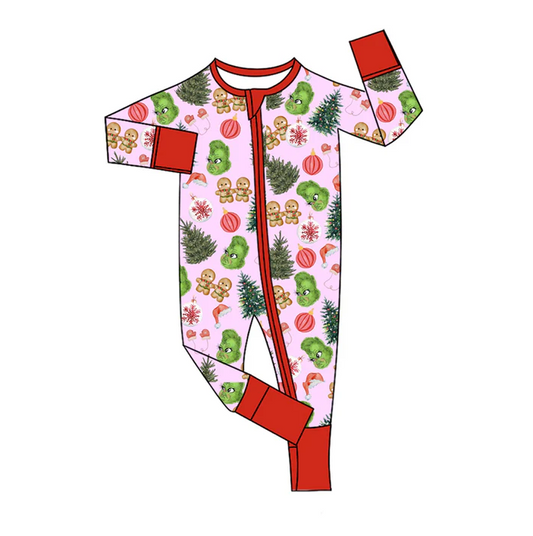 8.12 Preorder(moq 5)Baby Boys Christmas Trees Gingerbread Frogs Zipper Footie Rompers