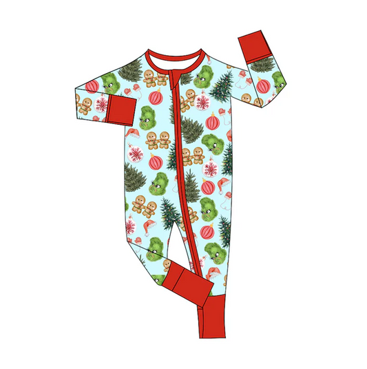 8.13 Preorder(moq 5)Baby Girls Christmas Trees Gingerbread Frogs Zipper Footie Rompers
