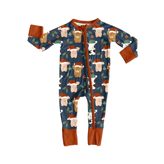8.13 Preorder(moq 5)Baby Boys Western Christmas Cows Zipper Footie Rompers