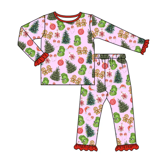 8.13 Preorder(moq 5) Baby Girls Christmas Trees Gingerbread Frogs Top Pants Lounge Wear Pajamas Sets
