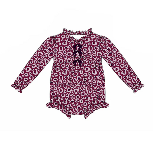 8.14 Preorder(moq 5)Baby Girls Maroon Leopard Bows Bows Rompers