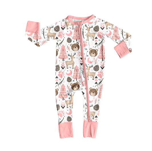 8.14 Preorder(moq 5)Baby Girls Pink Animals Zipper Footie Rompers