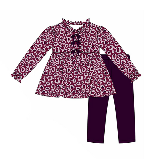 8.14 Preorder(moq 5) Baby Girls Wine Leopard Butterfly Tunic Top Legging Boutique Outfits Sets