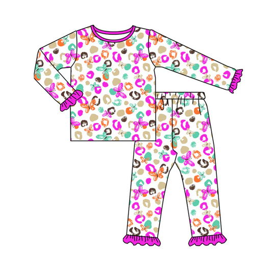 8.14 Preorder(moq 5) Baby Girls Purple Leopard Butterfly Top Pants Lounge Wear Pajamas Sets