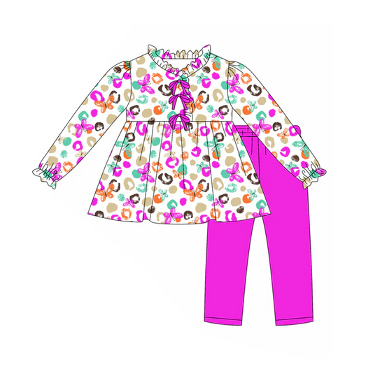 8.14 Preorder(moq 5) Baby Girls Purple Leopard Butterfly Tunic Top Legging Boutique Outfits Sets
