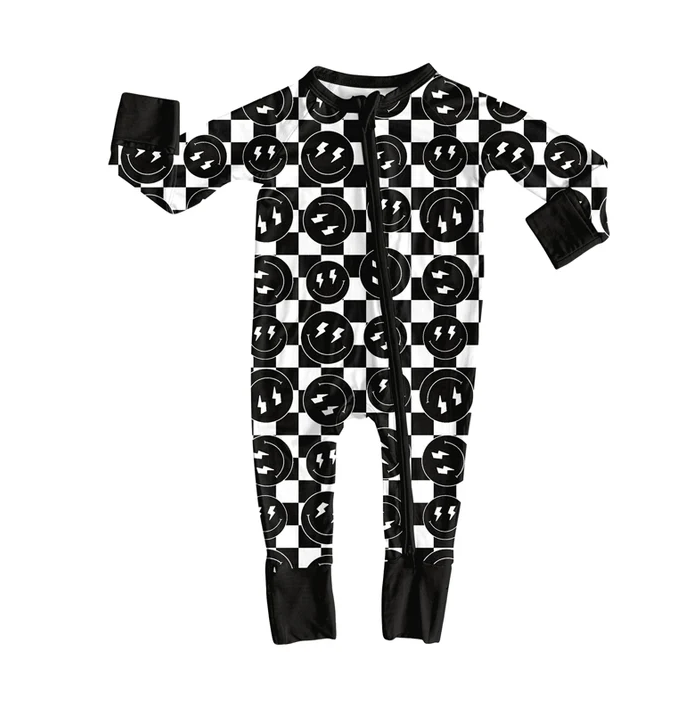 8.14 Preorder(moq 5)Baby Infant Boys Western Black Checkered Smiles Zipper Footie Rompers