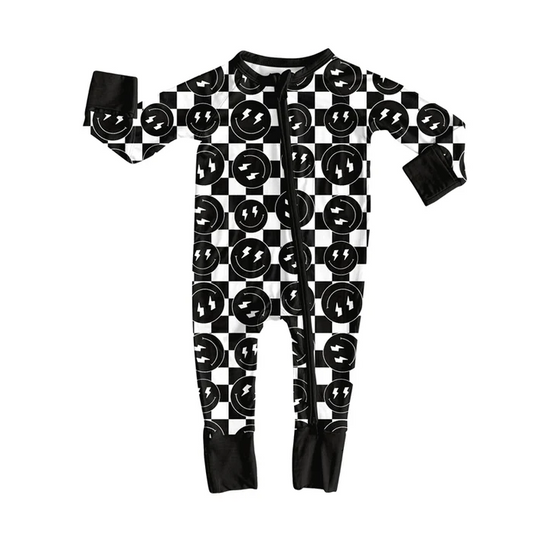 8.14 Preorder(moq 5)Baby Infant Boys Western Black Checkered Smiles Zipper Footie Rompers