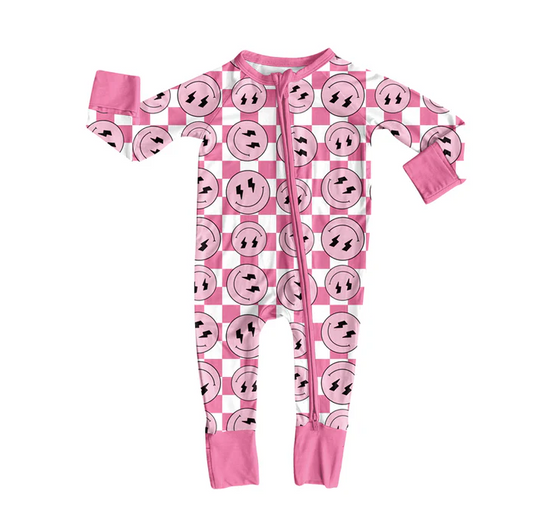 8.14 Preorder(moq 5)Baby Infant Western Pink Checkered Smiles Zipper Footie Rompers