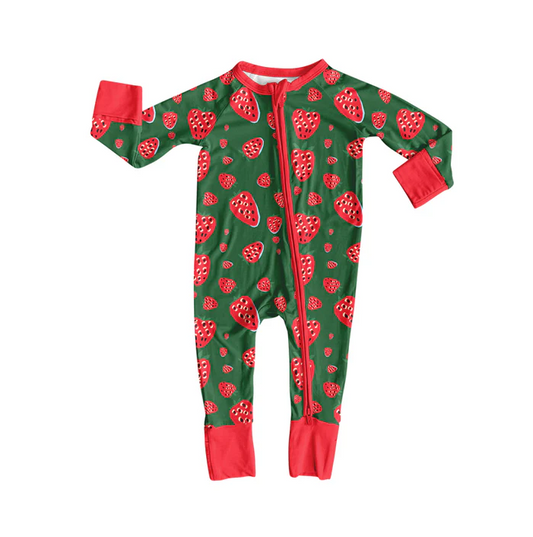 8.14 Preorder(moq 5)Baby Infant Green Strawberry Zipper Footie Rompers
