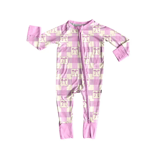 8.14Preorder(moq 5)Baby Infant Pink Checkered Bows Zipper Footie Rompers