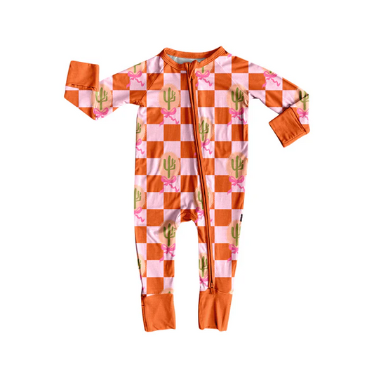 8.14 Preorder(moq 5)Baby Infant Western Pink Cactus Zipper Footie Rompers