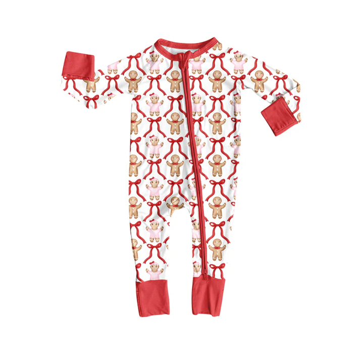 8.14 Preorder(moq 5)Baby Infant Christmas Gingerbread Bows Zipper Footie Rompers