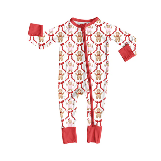 8.14 Preorder(moq 5)Baby Infant Christmas Gingerbread Bows Zipper Footie Rompers