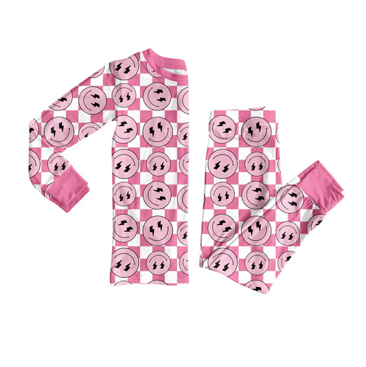 8.14 Preorder(moq 5) Baby Girls Western Pink Checkered Smiles Top Pants Lounge Wear Pajamas Sets