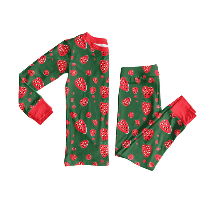8.14 Preorder(moq 5) Baby Girls Green Strawberry Top Pants Lounge Wear Pajamas Sets