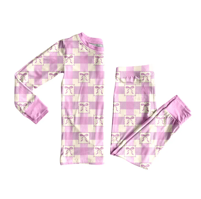 8.14 Preorder(moq 5) Baby Girls Pink Checkered Bows Top Pants Lounge Wear Pajamas Sets