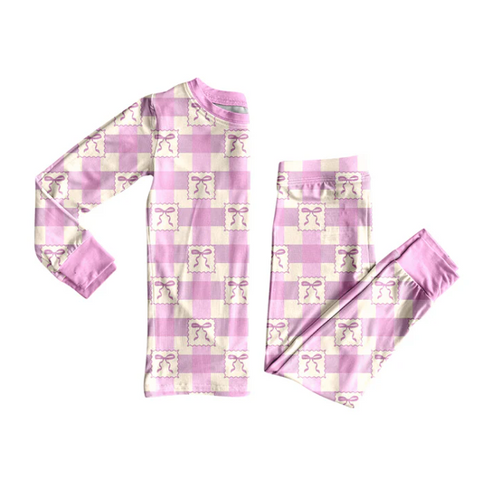 8.14 Preorder(moq 5) Baby Girls Pink Checkered Bows Top Pants Lounge Wear Pajamas Sets