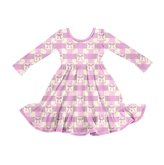 8.14 Preorder (moq 5)Baby Girls Pink Checkered Bows Ruffle Knee Length Dresses